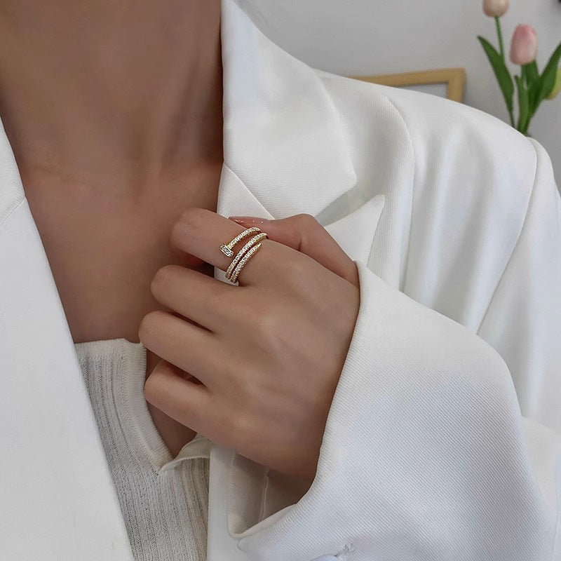 Minimalist Spiral Nail Ring for Women in Copper with Plated Finish, Adjustable Open Band Finger Ring Featuring Letter Design