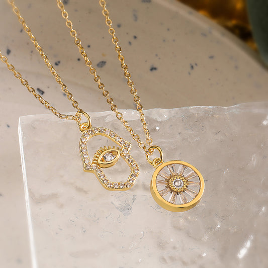 Collar con colgante de ojo de mano geométrica minimalista para mujer, chapado en oro de 18 quilates con circonitas