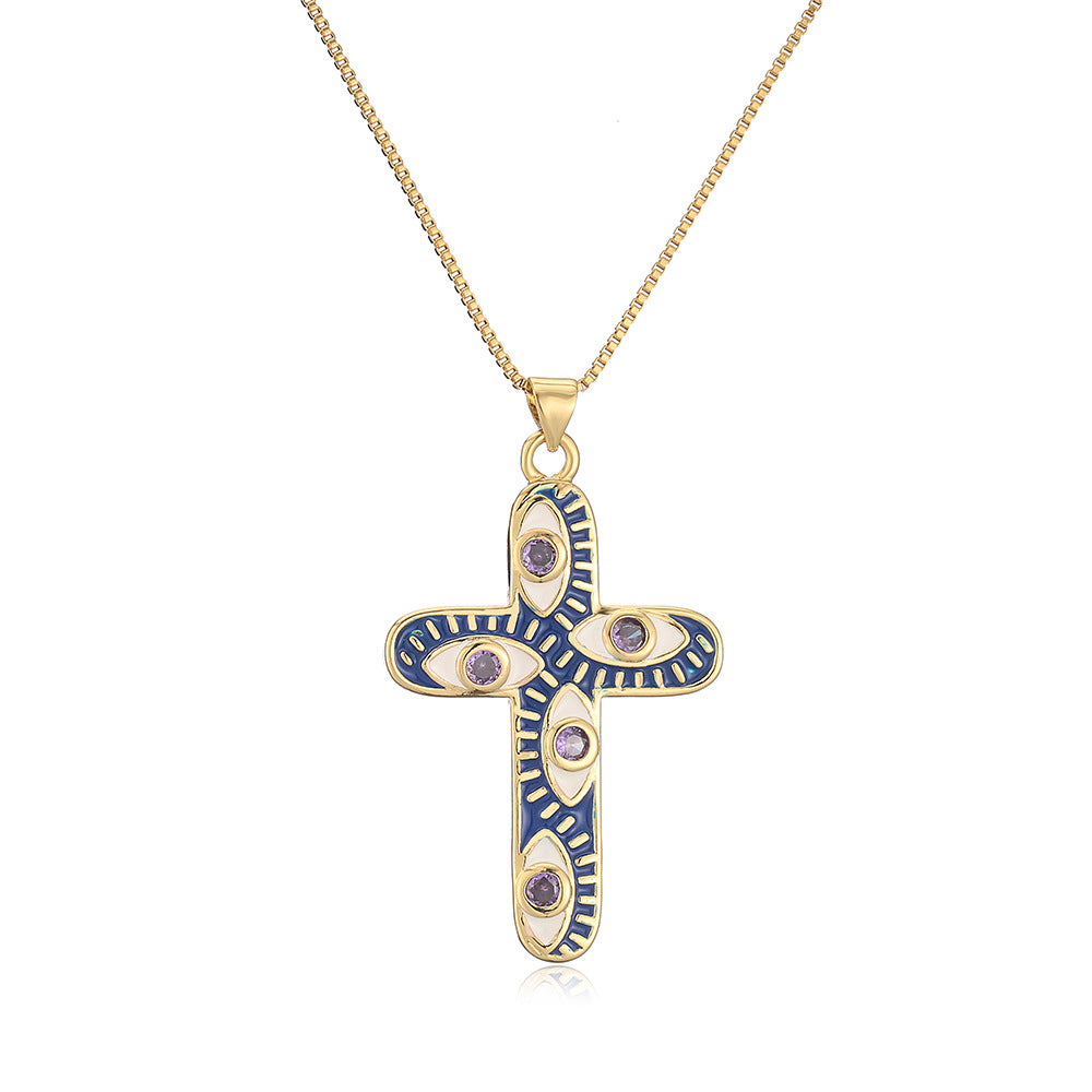 Geometric Pendant Necklace for Women with Copper Base Plated in 18K Gold and Enamel-Finished Zirconia Eye Detail