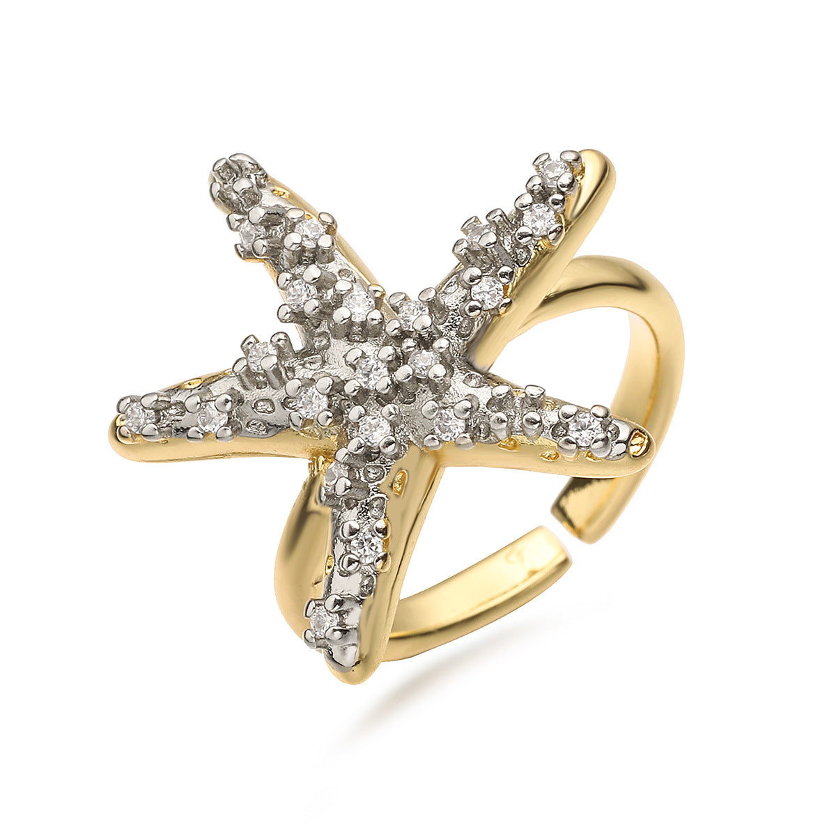 Minimalist Geometric Starfish and Seashell Open Ring for Women in Copper with Micro-Pave Zirconia