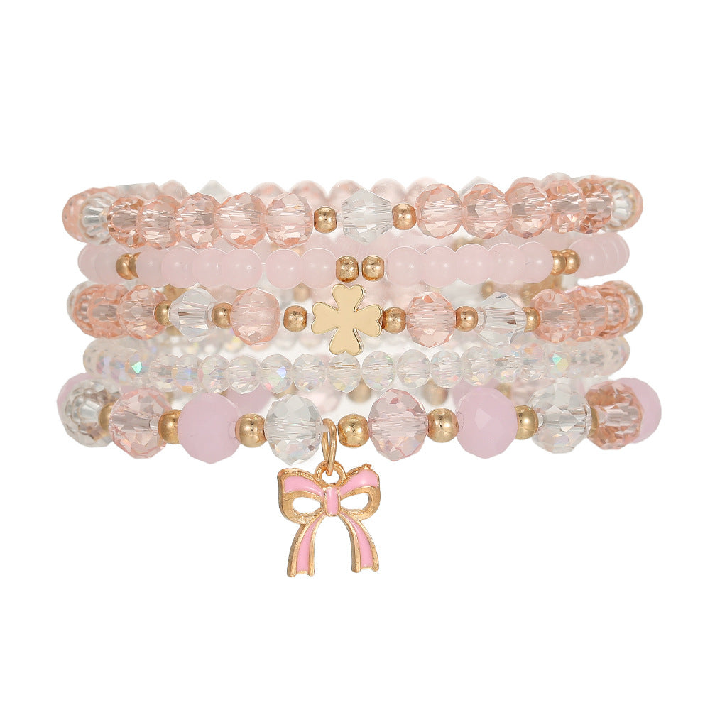 Sweet Pink Crystal Acrylic Bow Bracelet Handmade Beaded Stretch Jewelry for Women