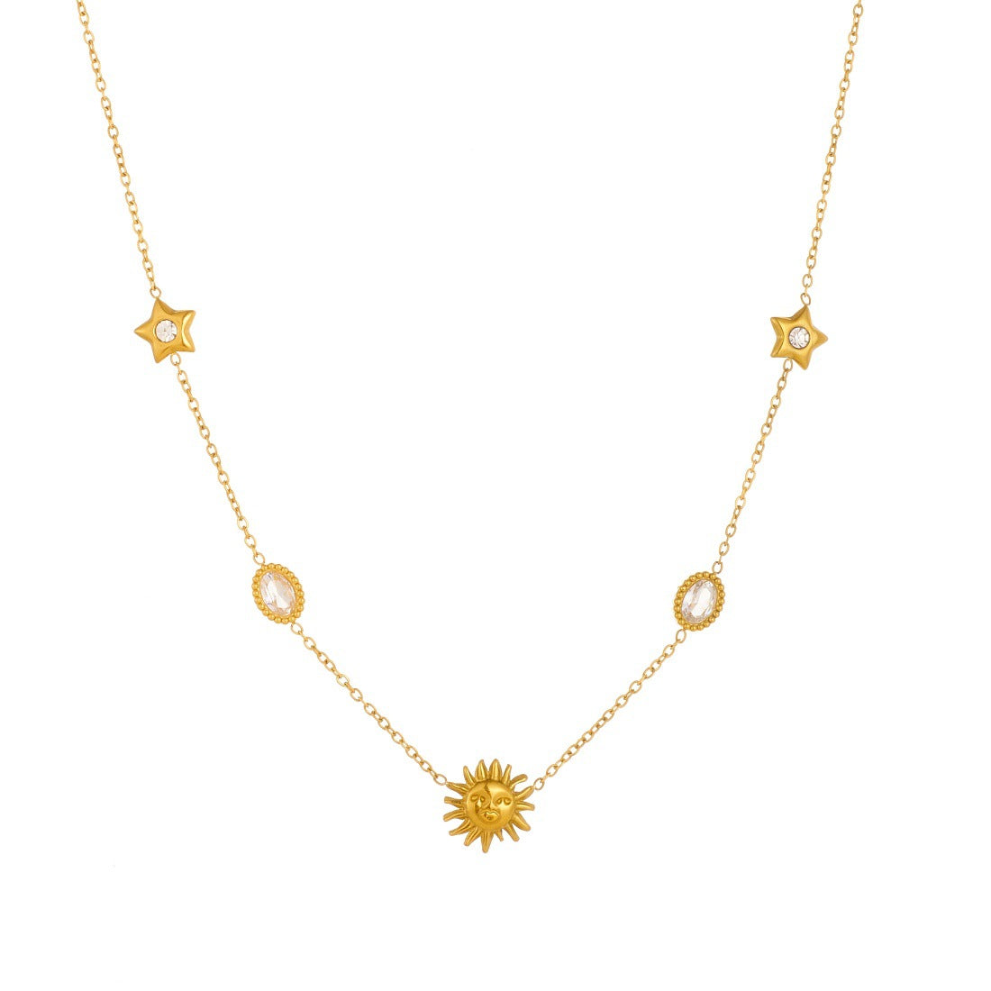 Minimalist Gold Plated Stainless Steel Oval Star Moon Face Sun Rhinestone Pendant Jewelry Set for Women
