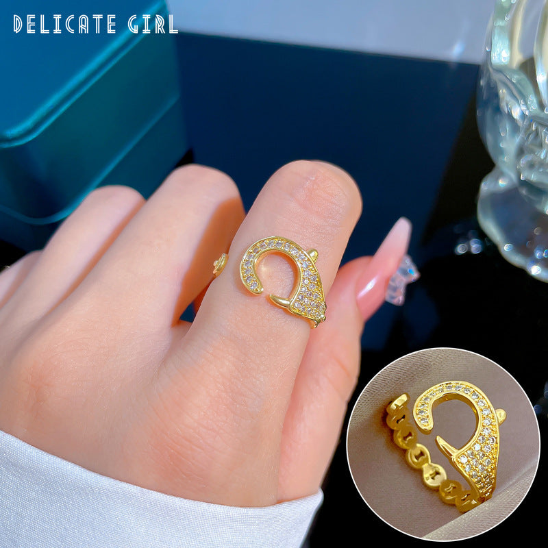 Luxury Minimalist Plated Brass Crown Rhinestone Adjustable Ring for Women