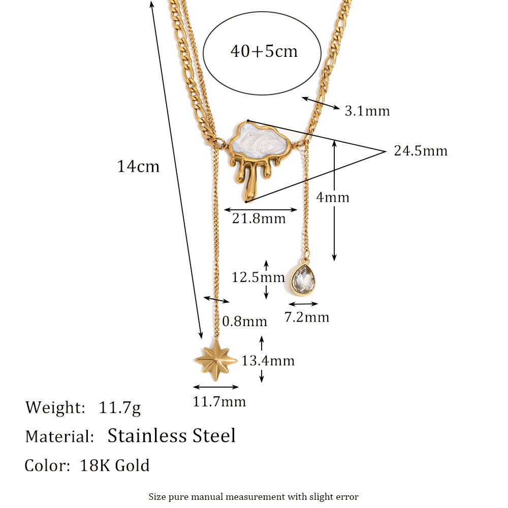 Vintage Elegant 18K Gold Plated Stainless Steel Geometric Cloud Shell Tassel Double Layer Necklace for Women