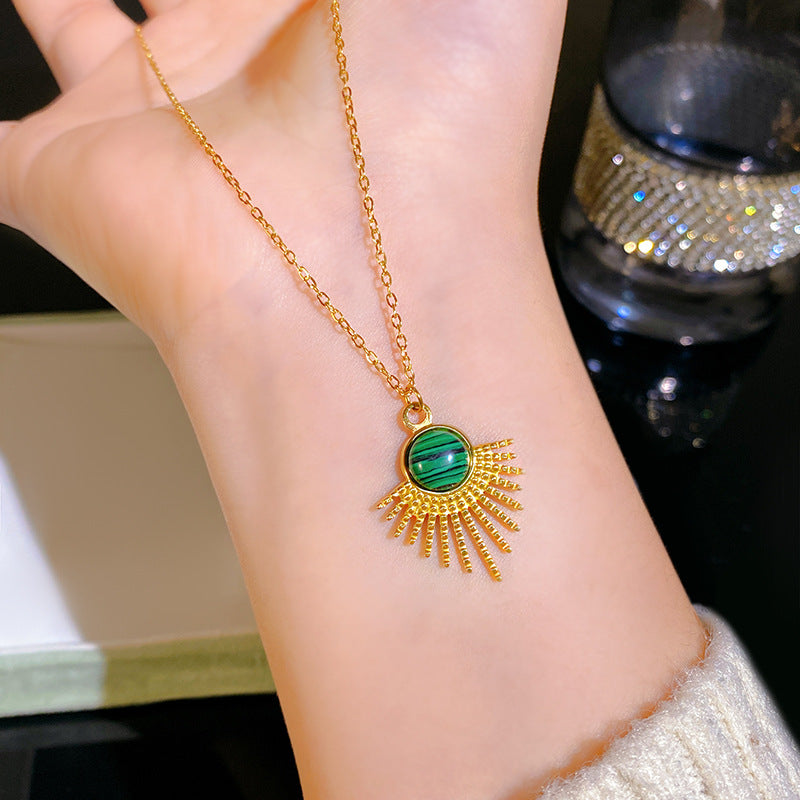 Minimalist Sweet Gold Plated Titanium Steel Heart Geometric Floral Turquoise Pendant Necklace for Unisex