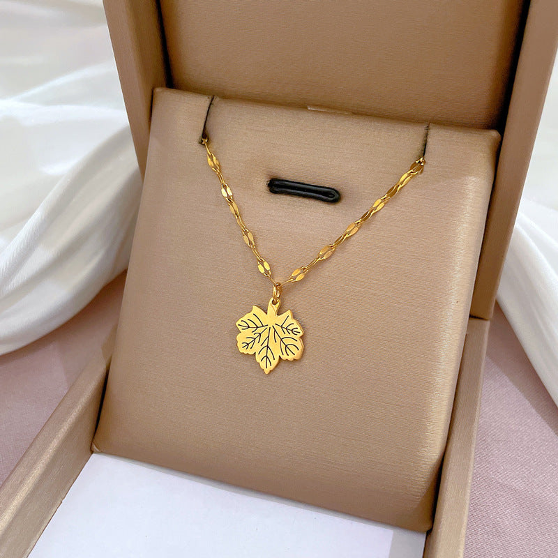 Minimalist Elegant Gold Plated Titanium Steel Maple Leaf Geometric Necklace for Women and Men