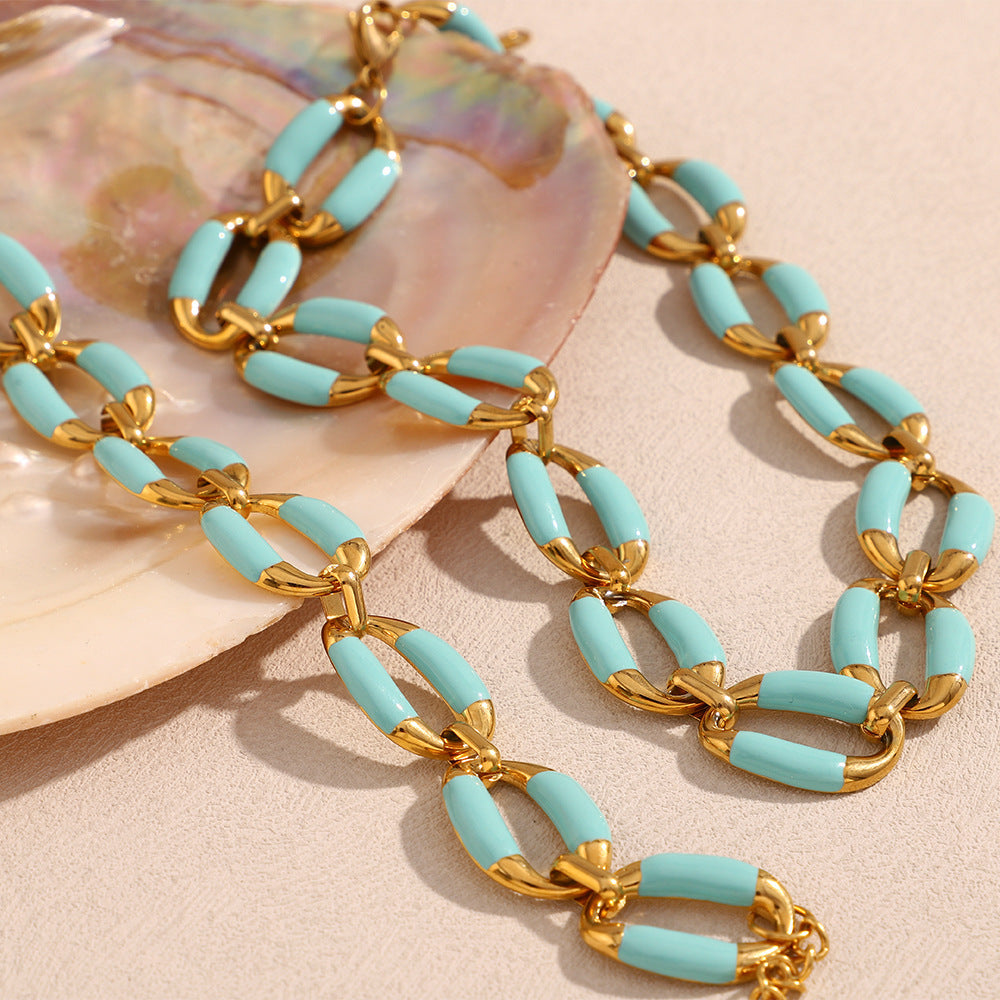 Fashion Geometric Stainless Steel Plated 18K Gold Enamel Handcrafted Necklace and Bracelet Set for Women