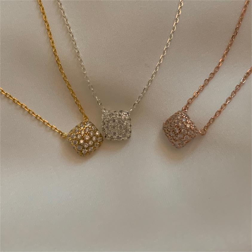 Minimalist Geometric Tulip Pendant Necklace in 925 Sterling Silver with Rhinestone Inlay on Snake Chain