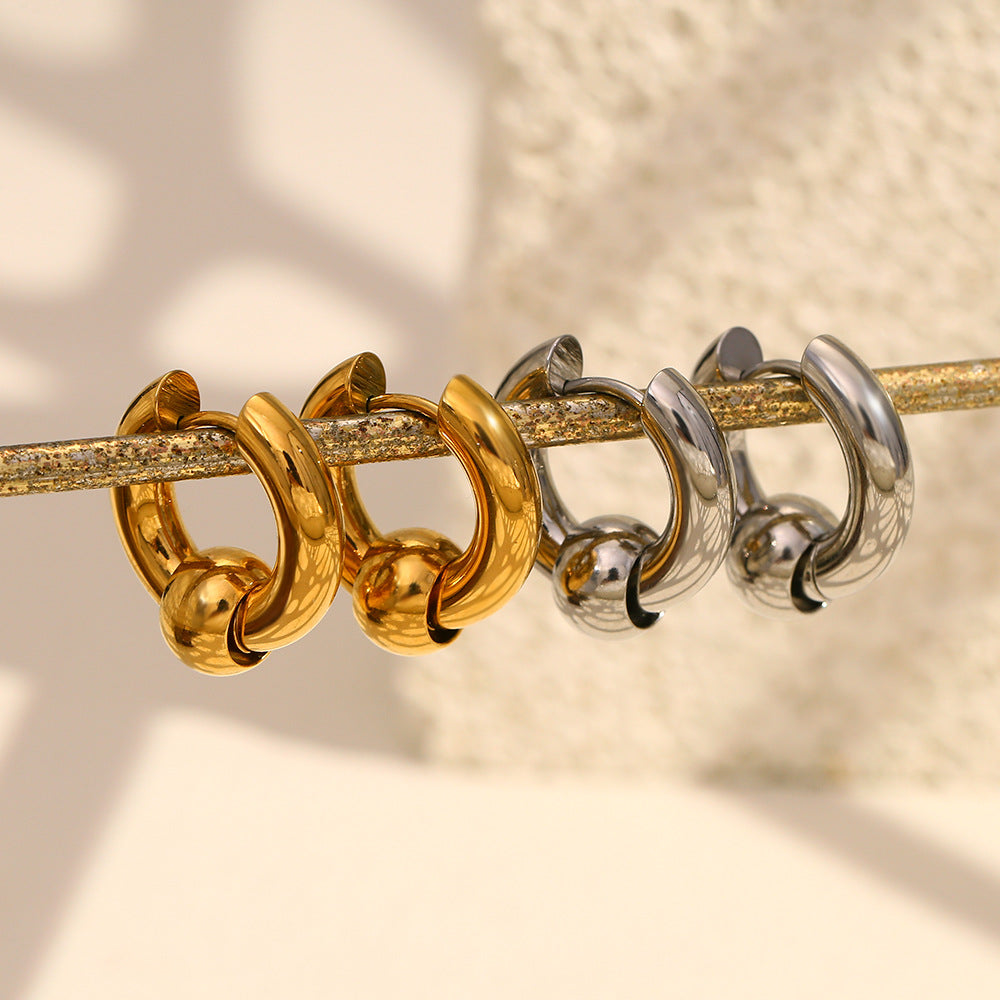 Elegant Business Geometric 18K Gold Plated Stainless Steel Beaded Hoop Earrings for Women