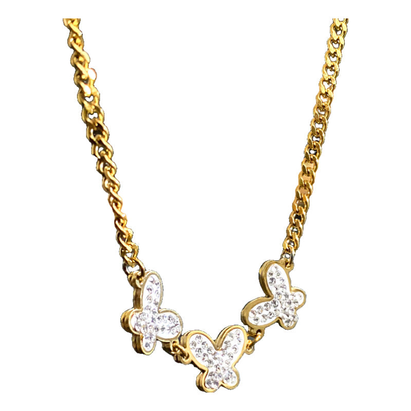 Luxury Black and White Cubic Zirconia Butterfly Titanium Steel Plated Necklace for Women