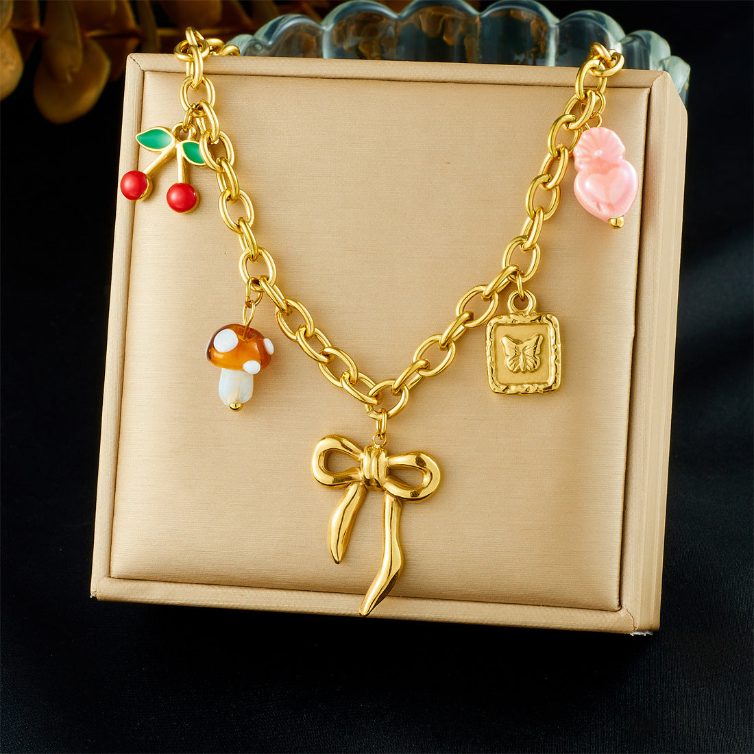 Sweet Gold Plated Drip Oil Fruit Mushroom Heart Cherry Bow Stainless Steel Necklace with Cable Chain