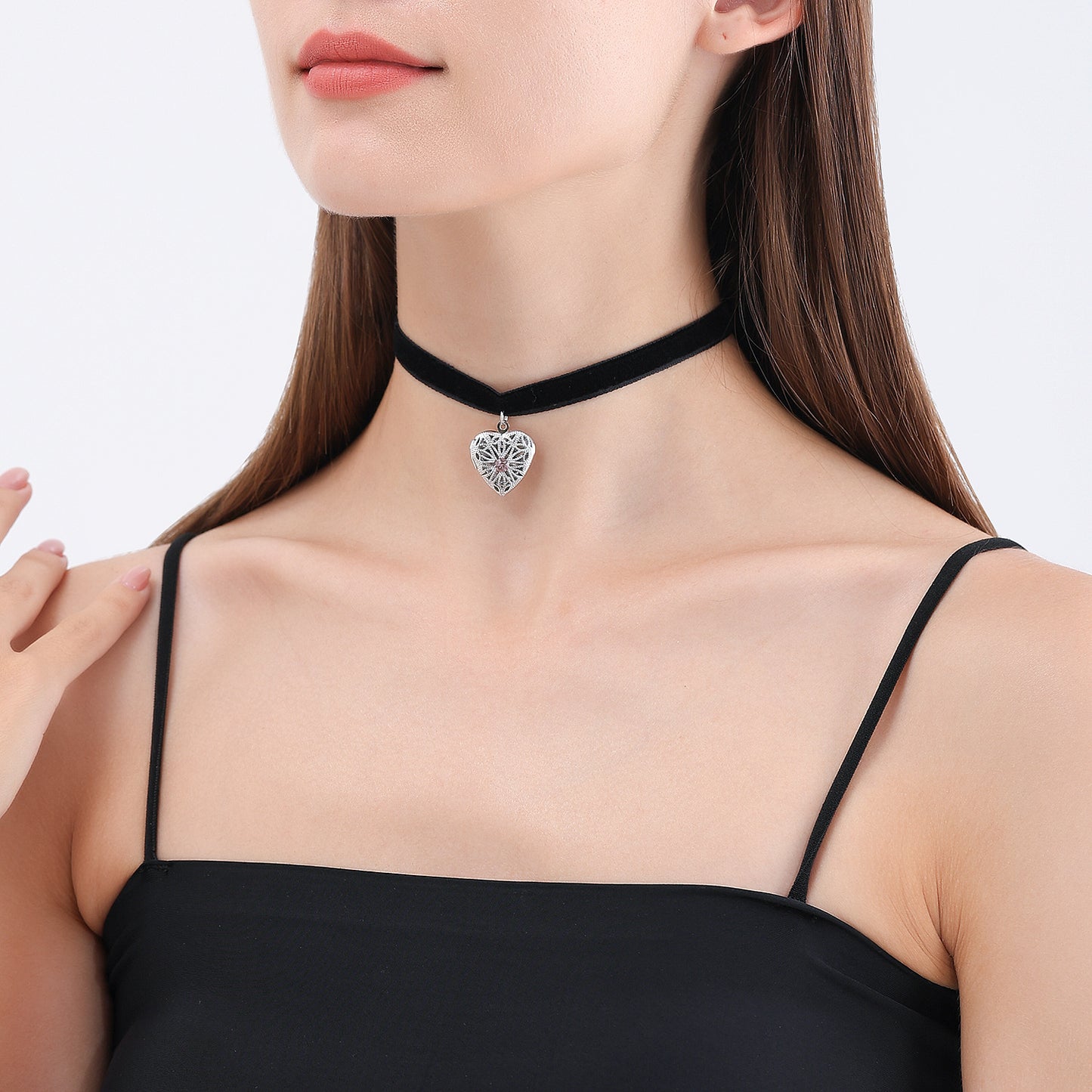 Minimalist Black Satin Ribbon Necklace with Openable Rhinestone Heart Pendant for Women