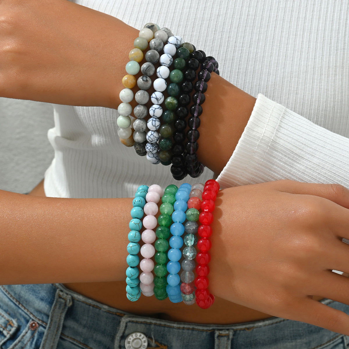 Braccialetti a set con forme geometriche alla moda e pietre naturali, design intrecciato, per uomo e donna