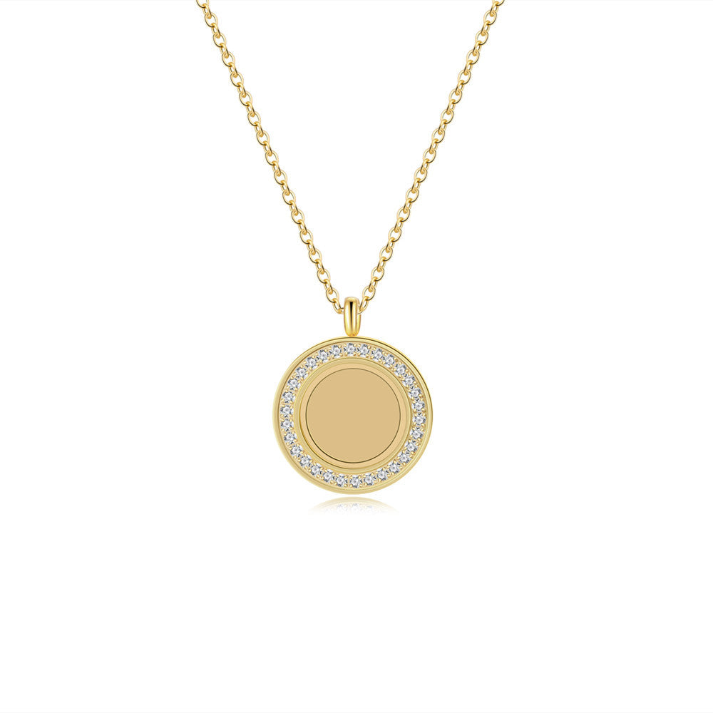 Collar minimalista de acero inoxidable redondo geométrico chapado en oro de 18 quilates con incrustaciones de circonita cúbica y barra grabada con láser para mujer