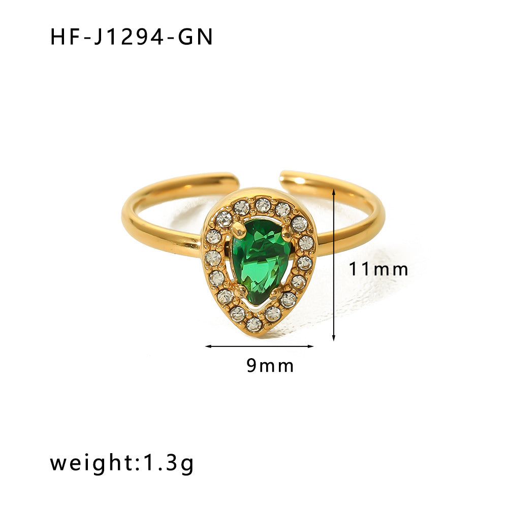 Ins Style Teardrop Shaped Stainless Steel Ring with Green Zircon Inlay and 18K Vacuum Plated Gold Finish
