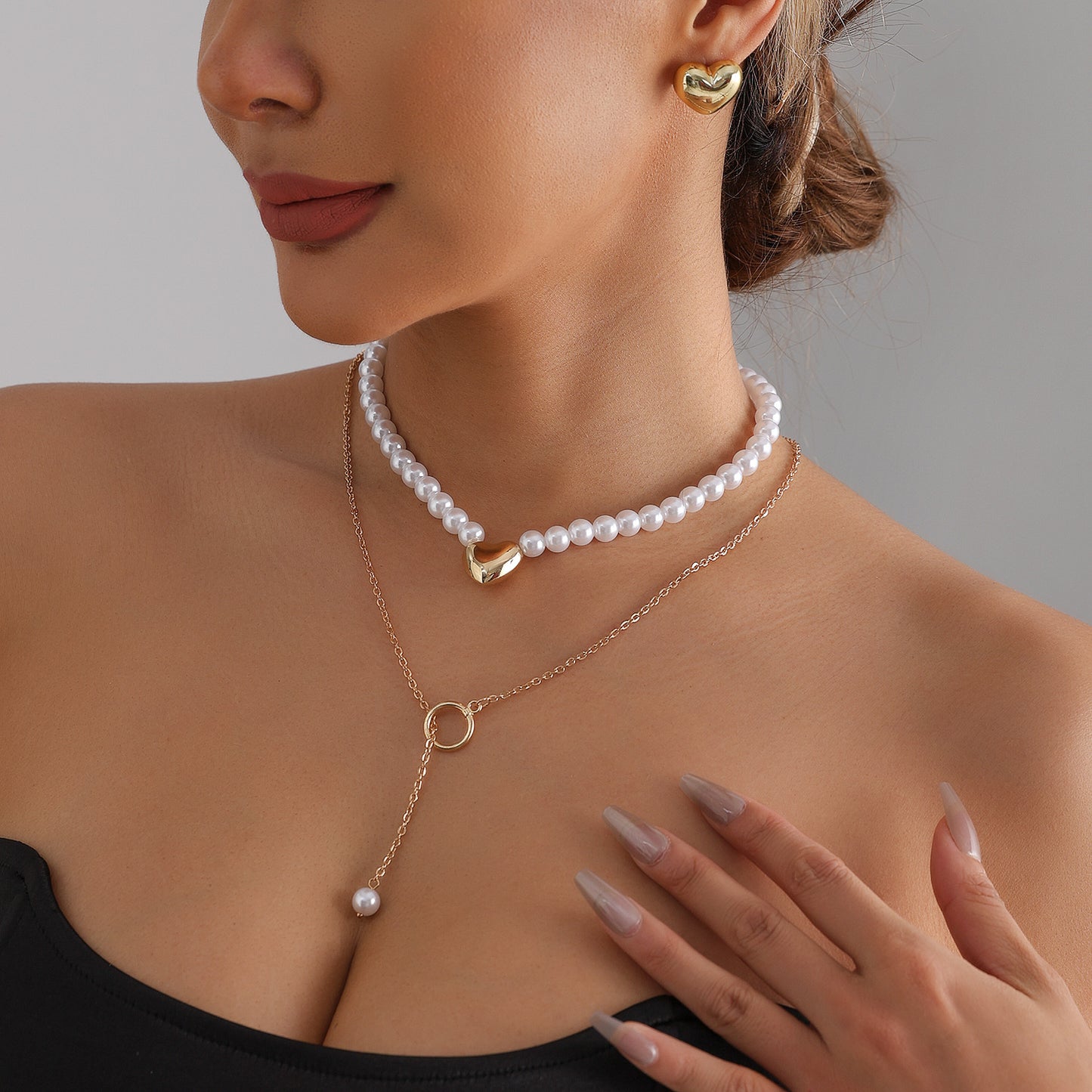 Minimalist Geometric Heart Alloy Plated Necklace with Baroque Imitation Pearl for Women