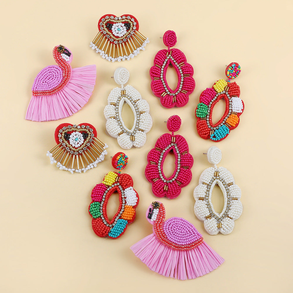 Bohemian Handmade Woven Glass Flamingo Floral Earrings Unisex