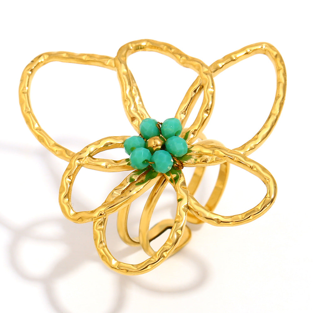 Fashionable Floral Ring for Women in Stainless Steel with 18K Gold Plating and Colorful Beads