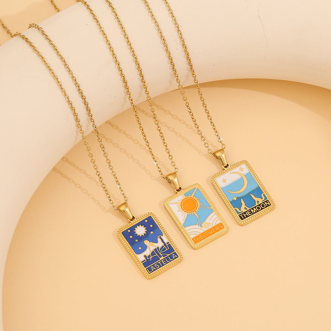 Minimalist Geometric Tarot Pendant Necklace in Stainless Steel with Enamel Finish