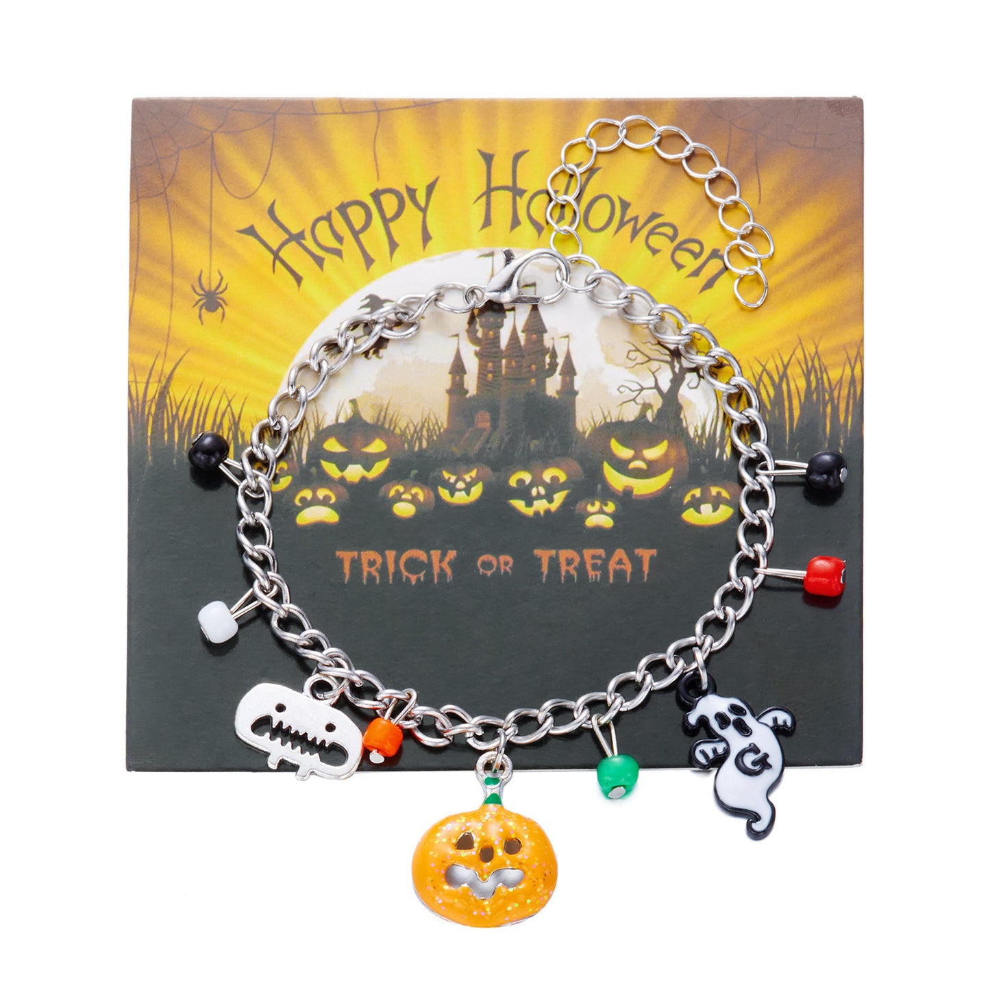 Pulsera con temática de Halloween con dije de calabaza de dibujos animados y fantasma, diseño de cuentas geométricas, pulsera chapada en aleación para mujer