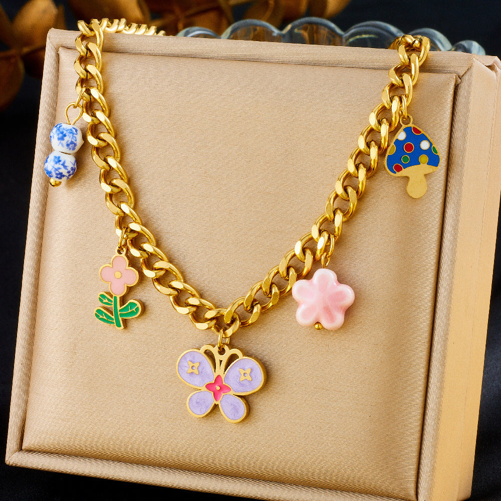 Sweet Colorful Drip Oil Flower Butterfly Pendant Gold Plated Stainless Steel Jewelry Set with Cable Chain