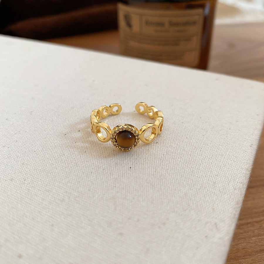 Anello in Occhio di Tigre Geometrico Stile Malaard con Intarsio in Zirconi per Donna, Anello da Dito Regolabile Lusso Minimalista