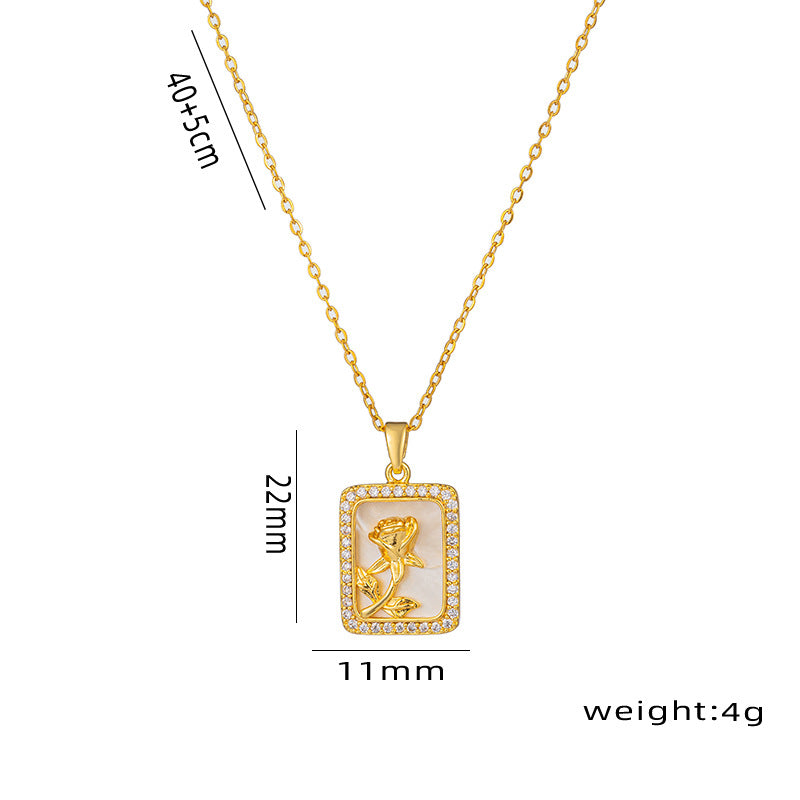 Elegant French-Style Geometric Rose Pendant Necklace for Women Made of Titanium Steel with Gold Inlay and O-Chain