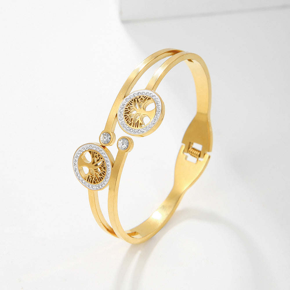 Adjustable Tree of Life Geometric Plated Titanium Steel Bracelet for Women with Leaf Pattern