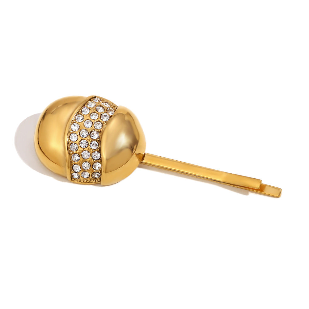 Fermaglio per Capelli Minimalista Creativo a Forma di Guscio d'Uovo per Donne in Acciaio Inossidabile con Placcatura in Oro 18K e Intarsi in Strass