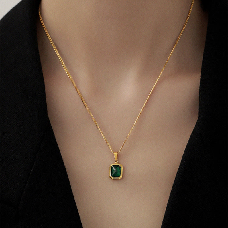 Geometric Green Rhinestone Pendant Necklace for Women in Titanium Steel with Plating Finish