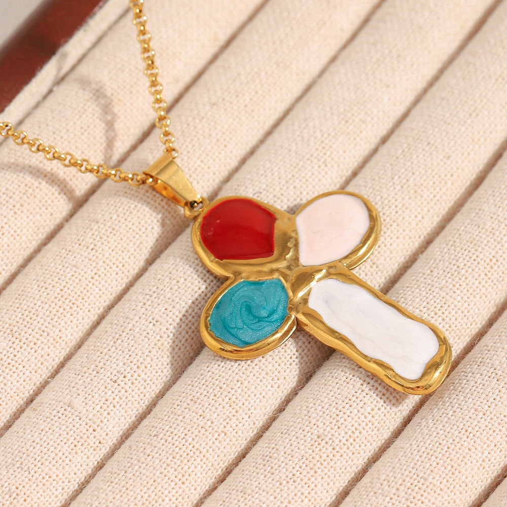 Luxury Vintage Cross Pendant Necklace in Stainless Steel with 18K Gold Plating and Enamel Coloring