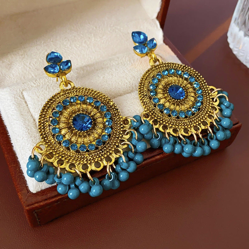 Vintage Ethnic Floral Earrings with Rhinestone Inlay in Alloy and Steel Posts, Geometric and Teardrop-Shaped Dangle Earrings for Women