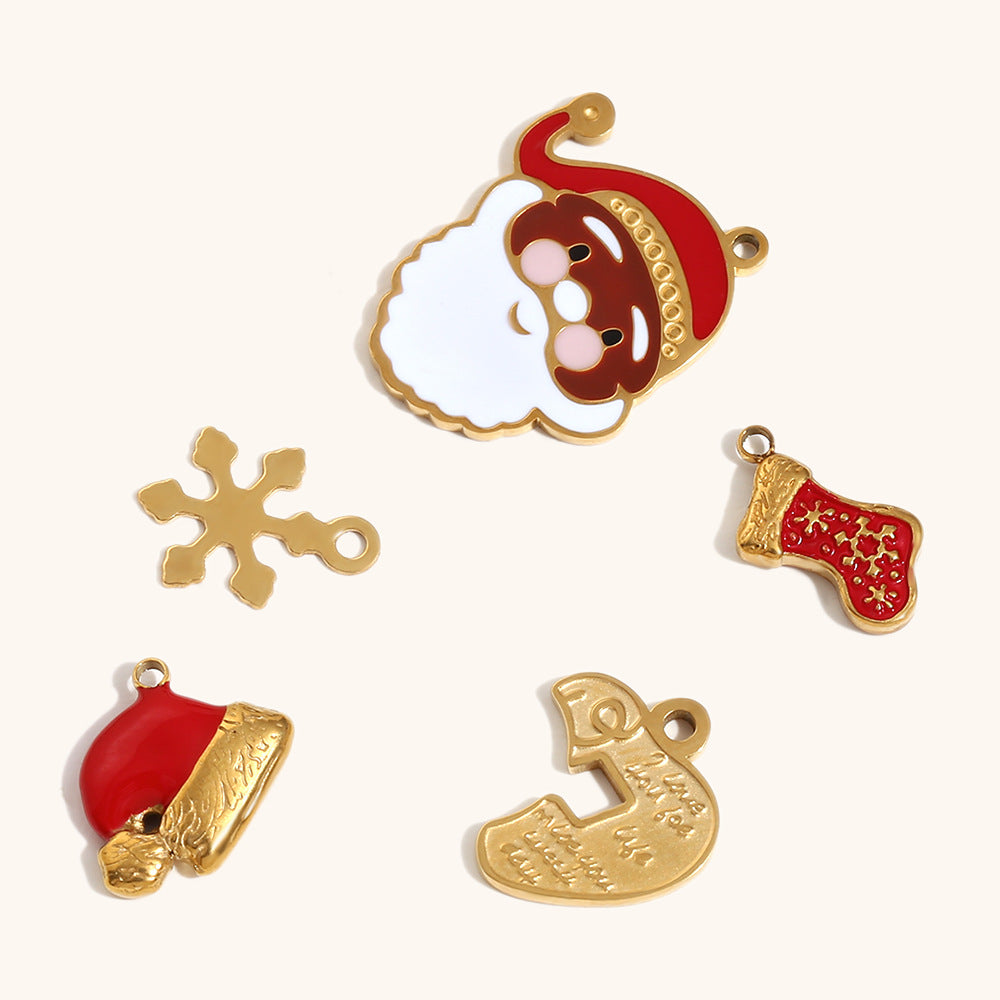 Colgante de moda con forma de corazón y copo de nieve con diseño de gorro de Papá Noel, de acero inoxidable con chapado en oro de 18 quilates para la creación de joyas DIY