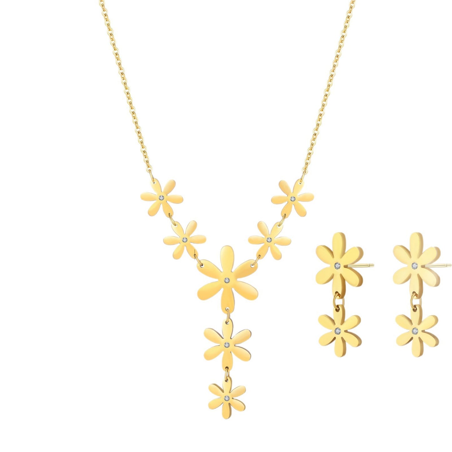 Set di collana e orecchini a forma di margherita in acciaio inossidabile placcato oro 18 carati da donna, stile minimalista