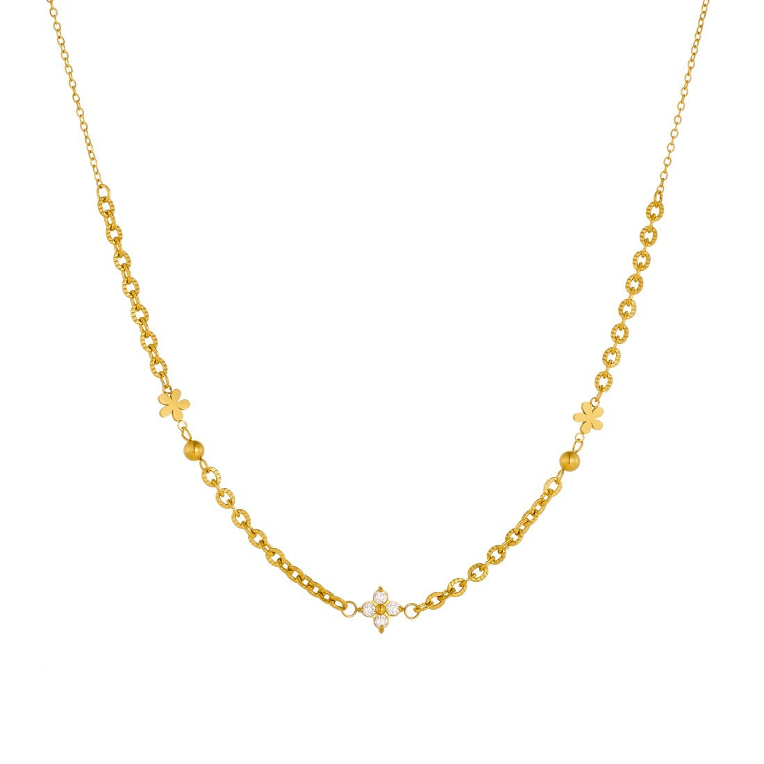 Gold Plated Stainless Steel Floral Rhinestone Pendant Necklace for Women