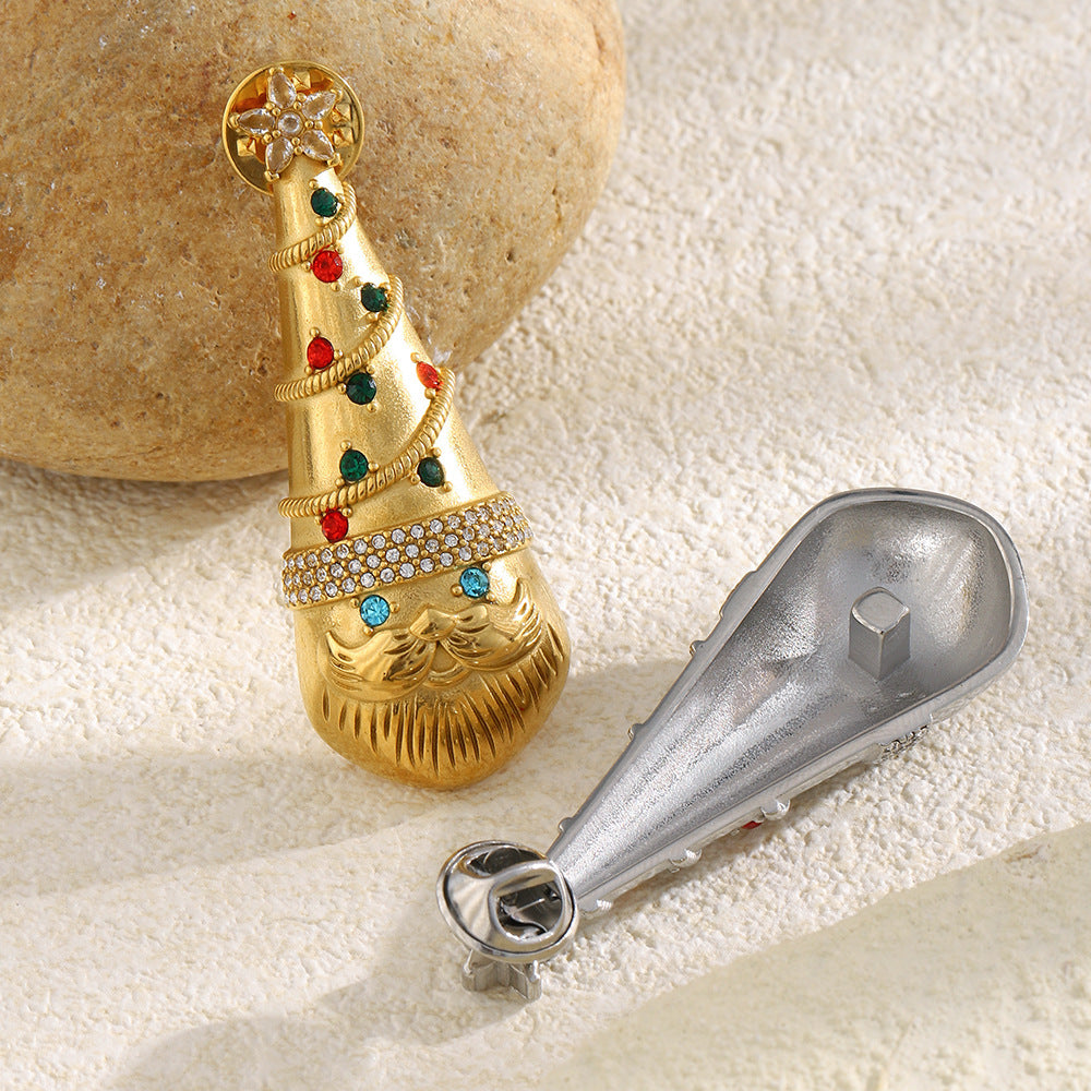 Luxury Minimalist Geometric Christmas Hat Brooch Stainless Steel 18K Gold Plated Colorful Rhinestone Fashion Pin for Women