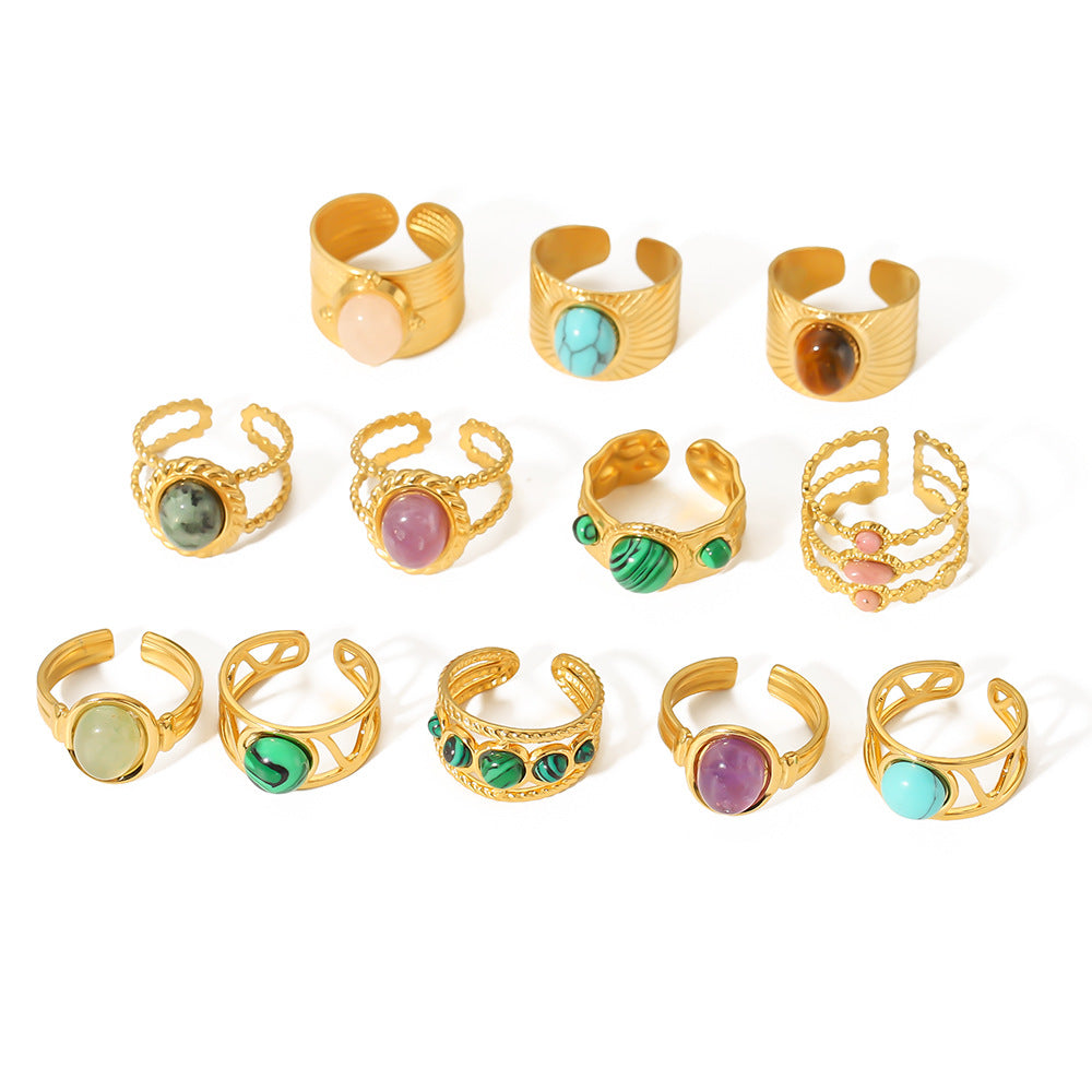 Vintage Geometric Round Emerald Green Natural Stone Stainless Steel Ring with 18K Gold Plating