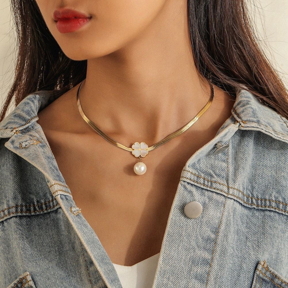 Minimalist Clover-Shaped Titanium Steel Necklace with Pearl Pendant for Women