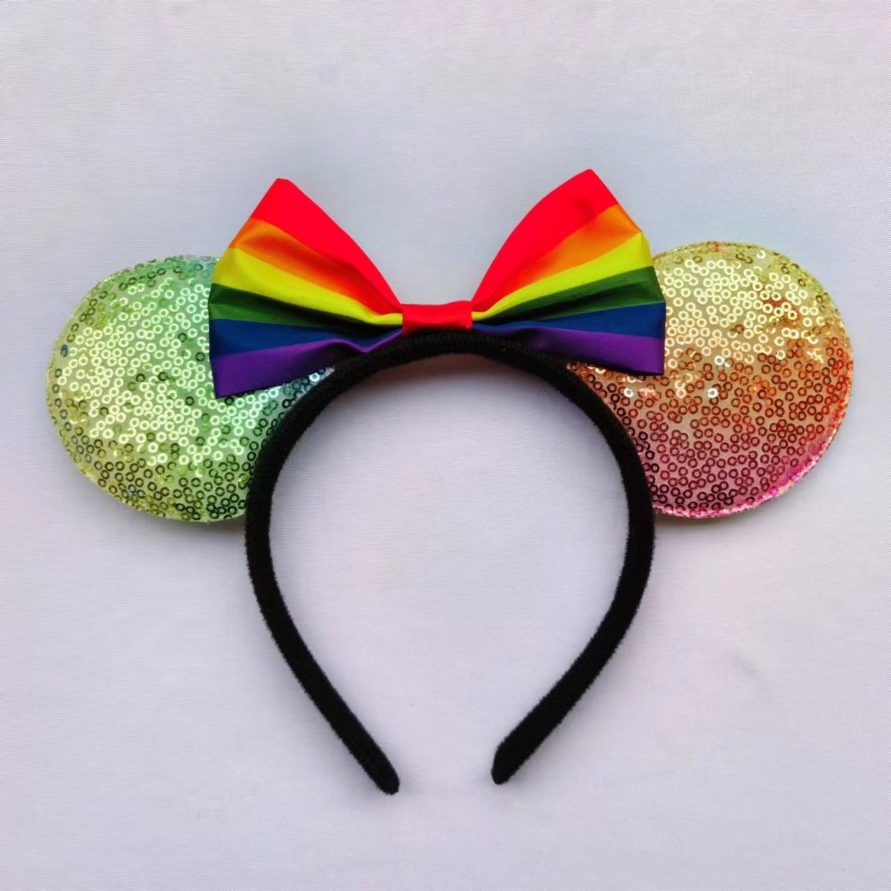 Cartoon Mickey Mouse Ear Headband with Rainbow Sequins and Bow for Theme Parties