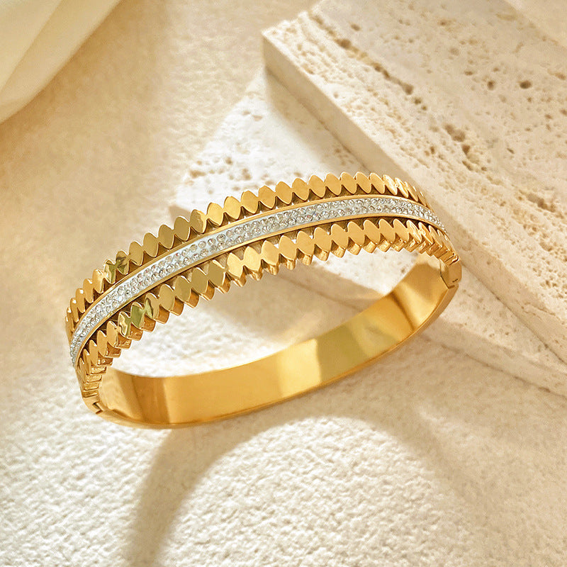 Minimalist Geometric Titanium Steel Plated Bracelet with Double Row Cubic Zirconia and Sawtooth Clasp