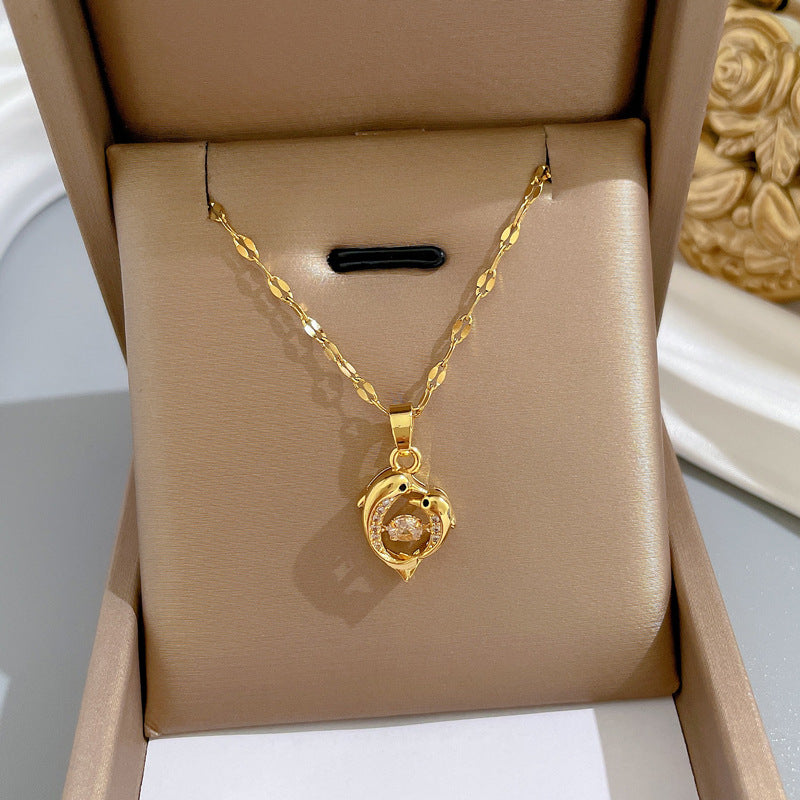 Minimalist Geometric Titanium Steel Necklace with Gold Plated Brass Pendant and Rhinestone Inlay