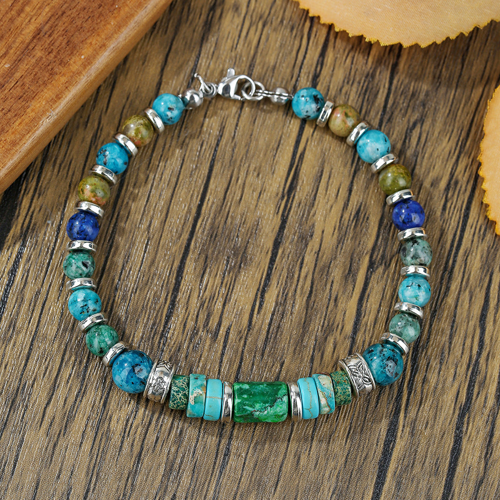 Vintage Handmade Geometric Turquoise and Hematite Beaded Bracelet for Unisex