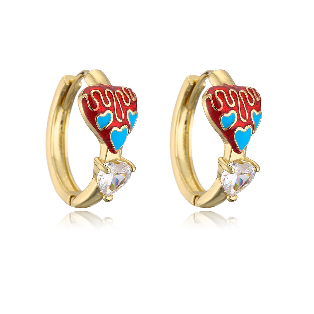 Sweet and Cute Style Geometric Heart-Shaped Enamel and Rhinestone Earrings in Copper with 18K Gold Plating for Women