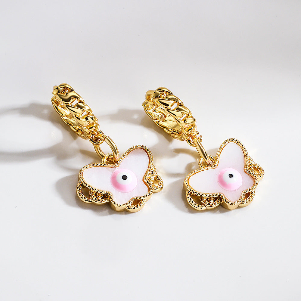 Orecchini Pendenti Minimalisti a Forma di Farfalla in Rame con Placcatura in Oro e Dettaglio Occhio in Smalto da Donna