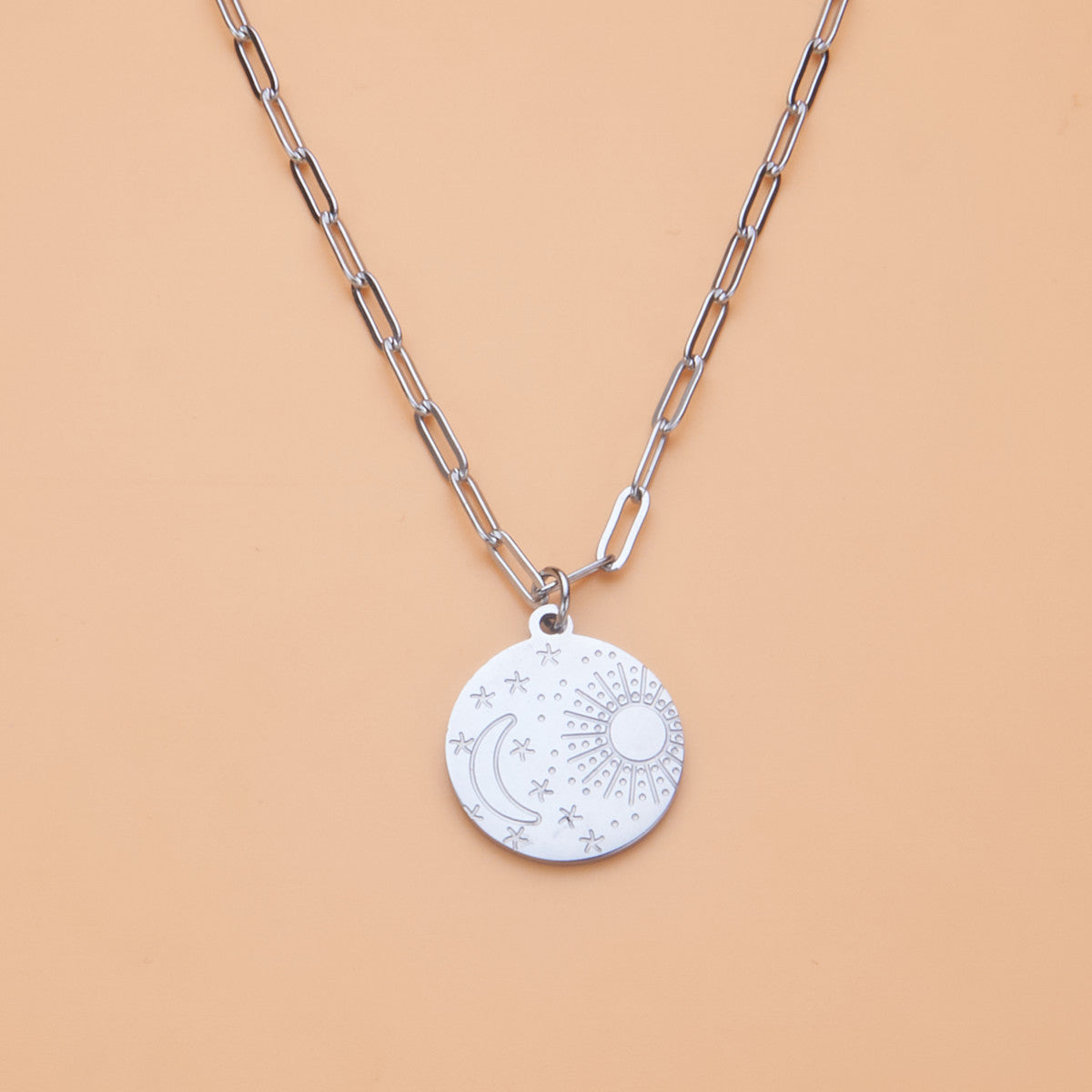 Minimalist Geometric Stainless Steel Polished Star Moon Sun Round Coin Pendant Necklace for Women