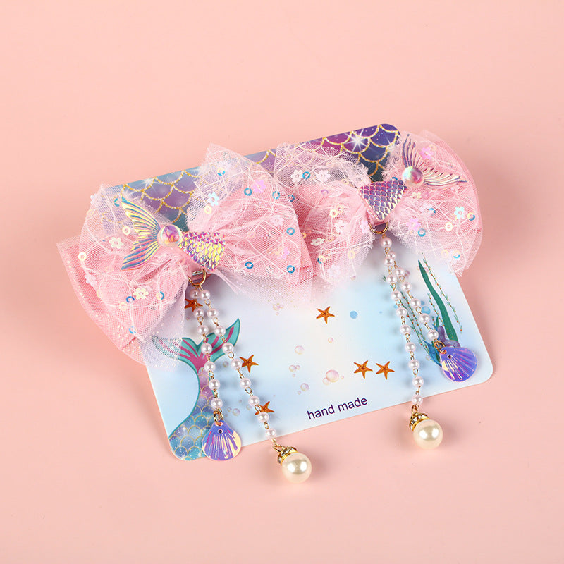 Fermaglio per Capelli a Fiocco Dolce per Bambini con Dettagli in Perle e Nappine in Tessuto, Stile Principessa Sirena