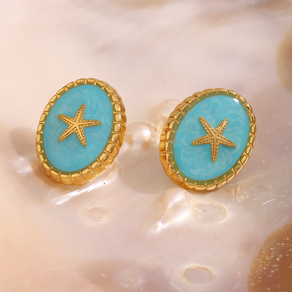 Vintage Style Geometric Stainless Steel Ear Studs with 18K Gold Plating and Blue Enamel Star Design
