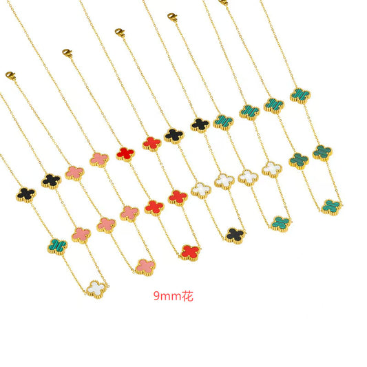 Elegant 9mm Four-Leaf Clover Floral Acrylic Pendant Gold Plated Titanium Steel Necklace for Women
