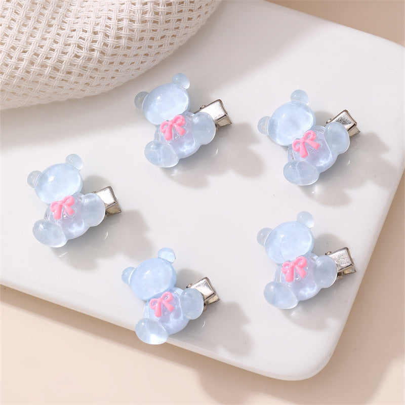 Cute Bear-Shaped Hair Clip for Kids with Bow Design in Jelly Color Floral Pattern Made of Plastic Resin Handcrafted for Children Ages 3 to 10