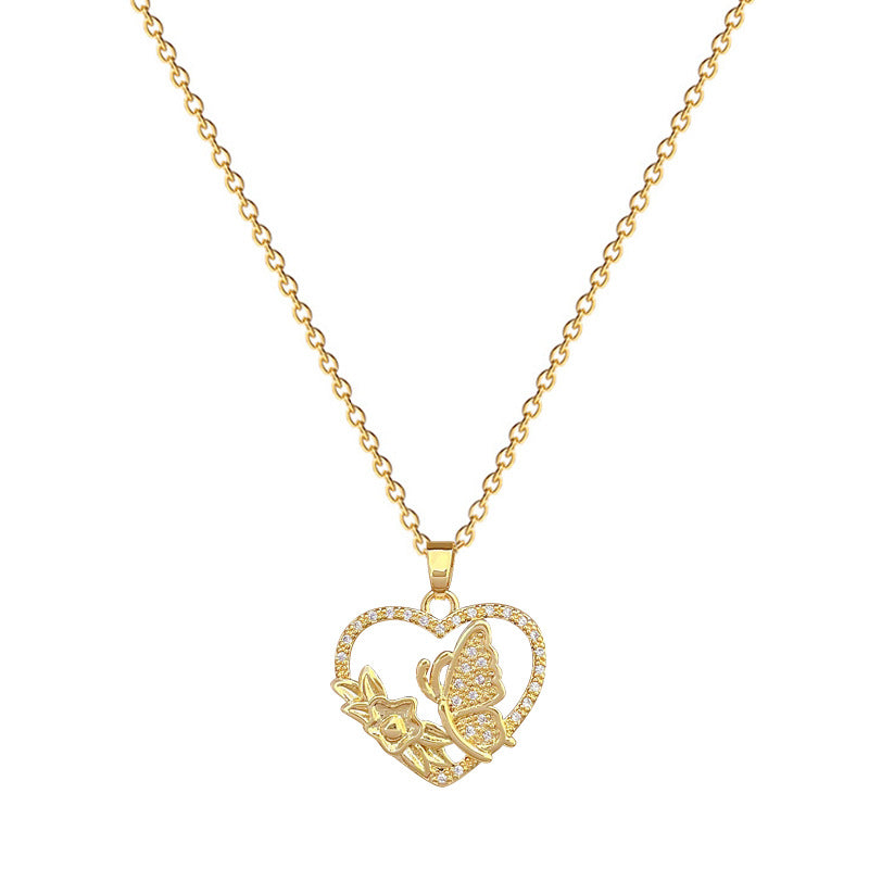Sweet Minimalist Heart Butterfly Rhinestone Titanium Steel Necklace for Unisex